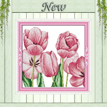 

Pink tulips flowers home Decor crafts painting counted print on canvas DMC Set 11CT 14CT needlework embroidery Cross Stitch kits