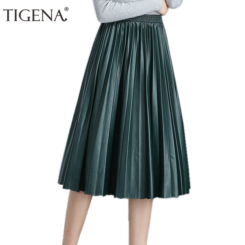 

TIGENA High Waist Pleated Pu Faux Leather Skirt Women 2019 Autumn Winter Elegant Midi Long Skirts Female Black Red Leather Skirt