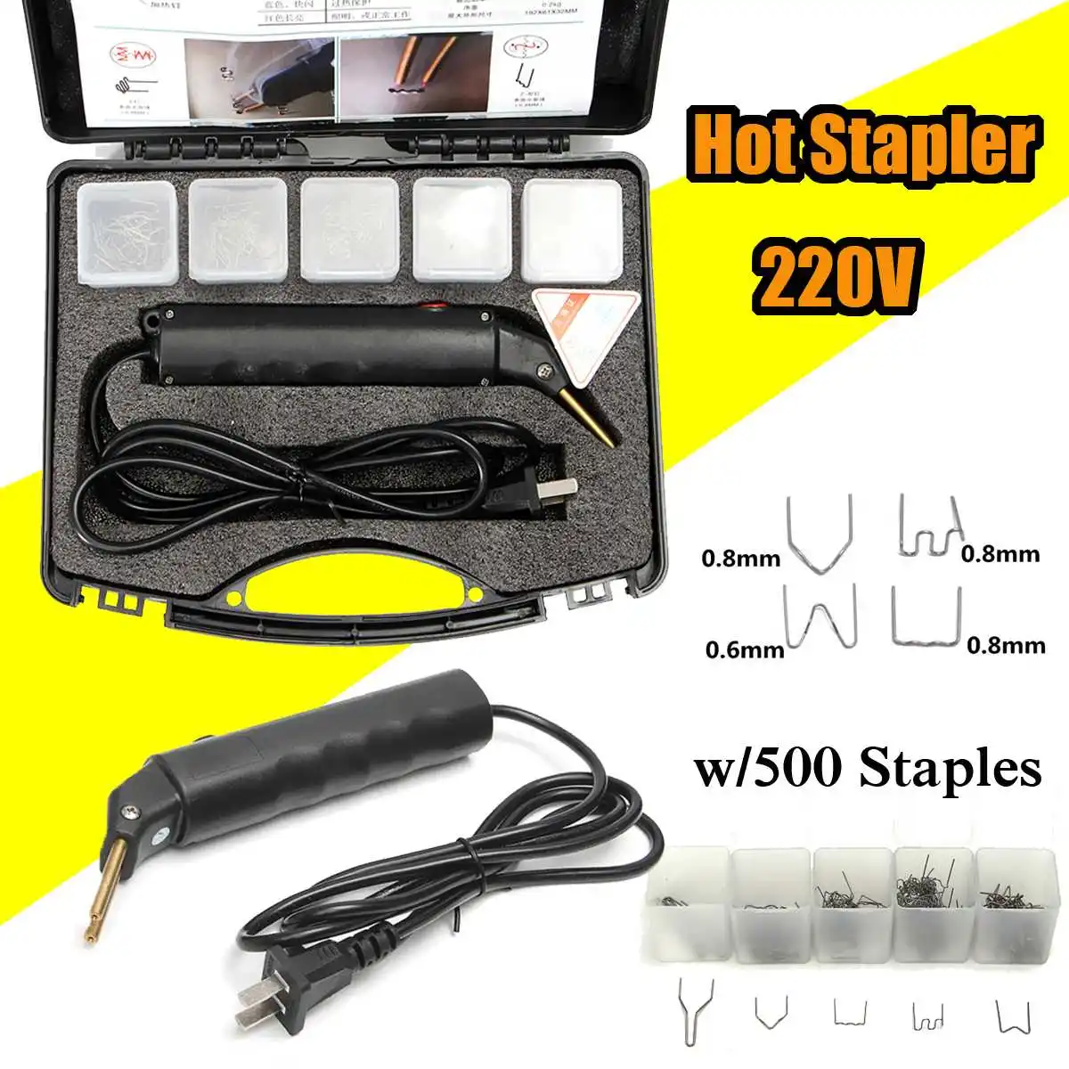 

220V Hot Satapler Welding Torch Repair Kit 220V 50W Stapler for Bumper Plastic w/500x Staples for Auto and Car