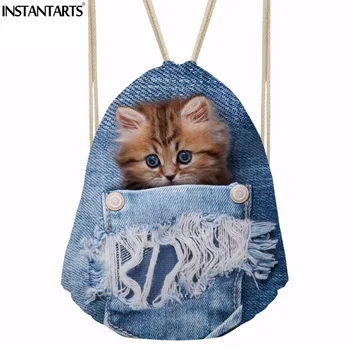 

INSTANTARTS Denim Animal Cute Puppy Dog Print Men Drawstring Bag Travel Softback for Teenager Boy Girl Gym Sack Women Backpack