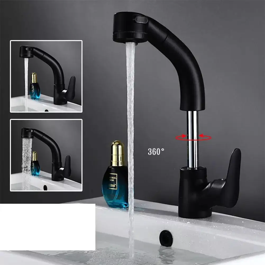 MOIIO Modern Gold Bathroom Faucet Height Adjustable Multifunction Pull Out Bathroom Faucet 360 Rotation Hot&Cold Water Mixer Tap