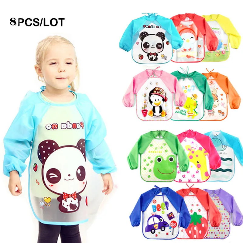 

8pcs/lot Free shipping Baby Bibs Burp Children Cartoon Drawing Eating Feeding cloths Waterproof Long Sleeve Infant Newborn Bib