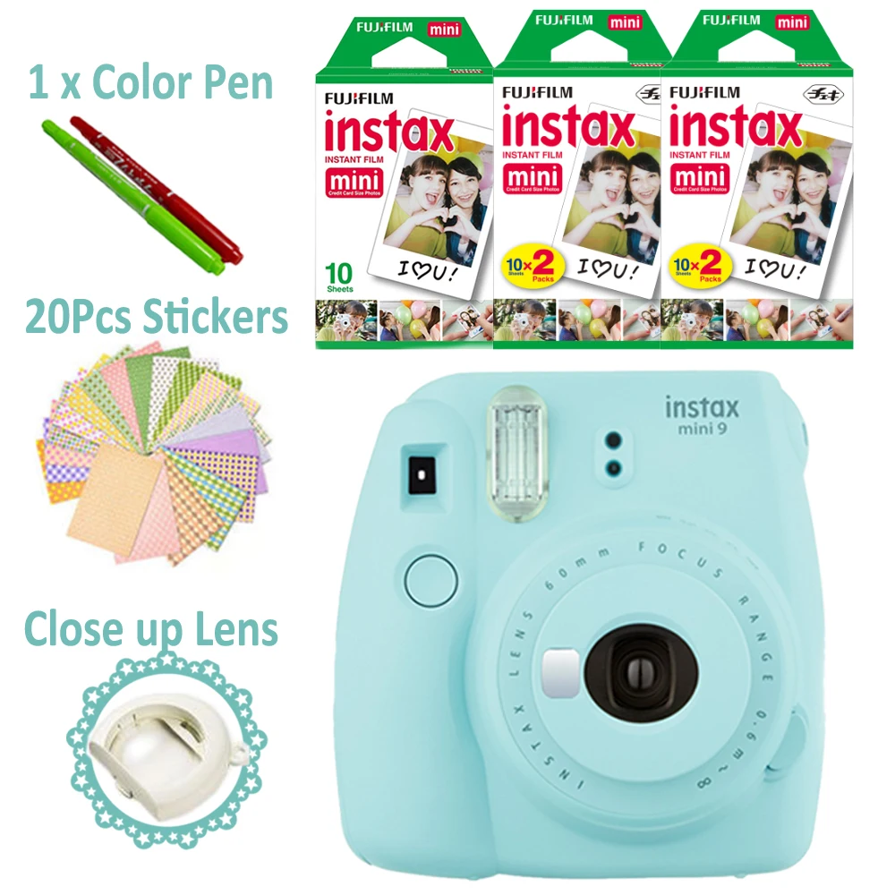 Камера Fujifilm Instax Mini 9 Ледяной Синий + 50 фотографий Fuji Instant 8 белая рамка пленка