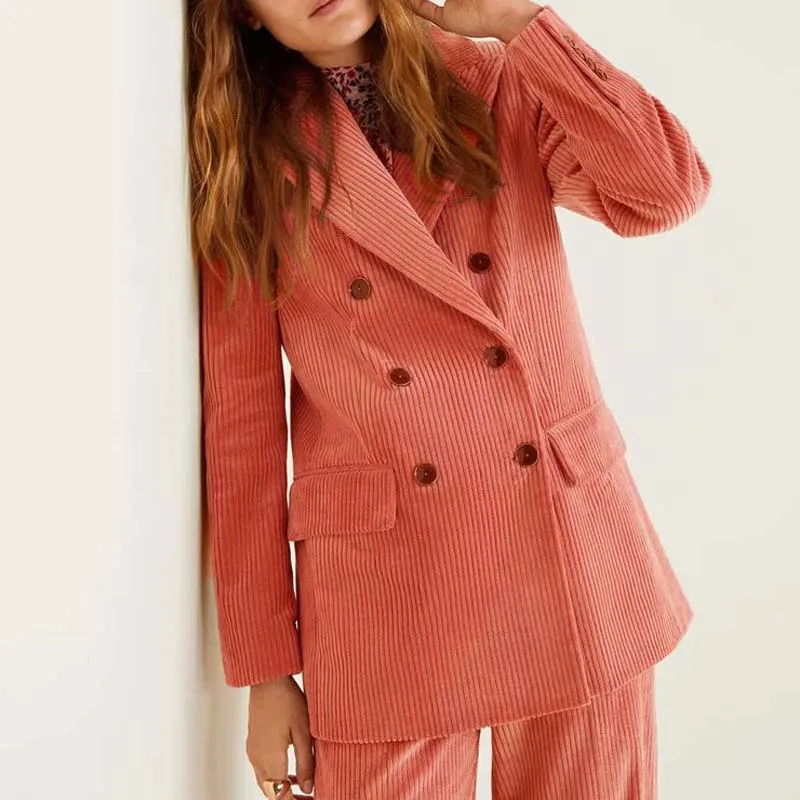 2019 New Spring Elegant Corduroy Blazer Coat Solid Office Lady Double Breasted Long Sleeve Women Blazers and Jackets Coat A0877