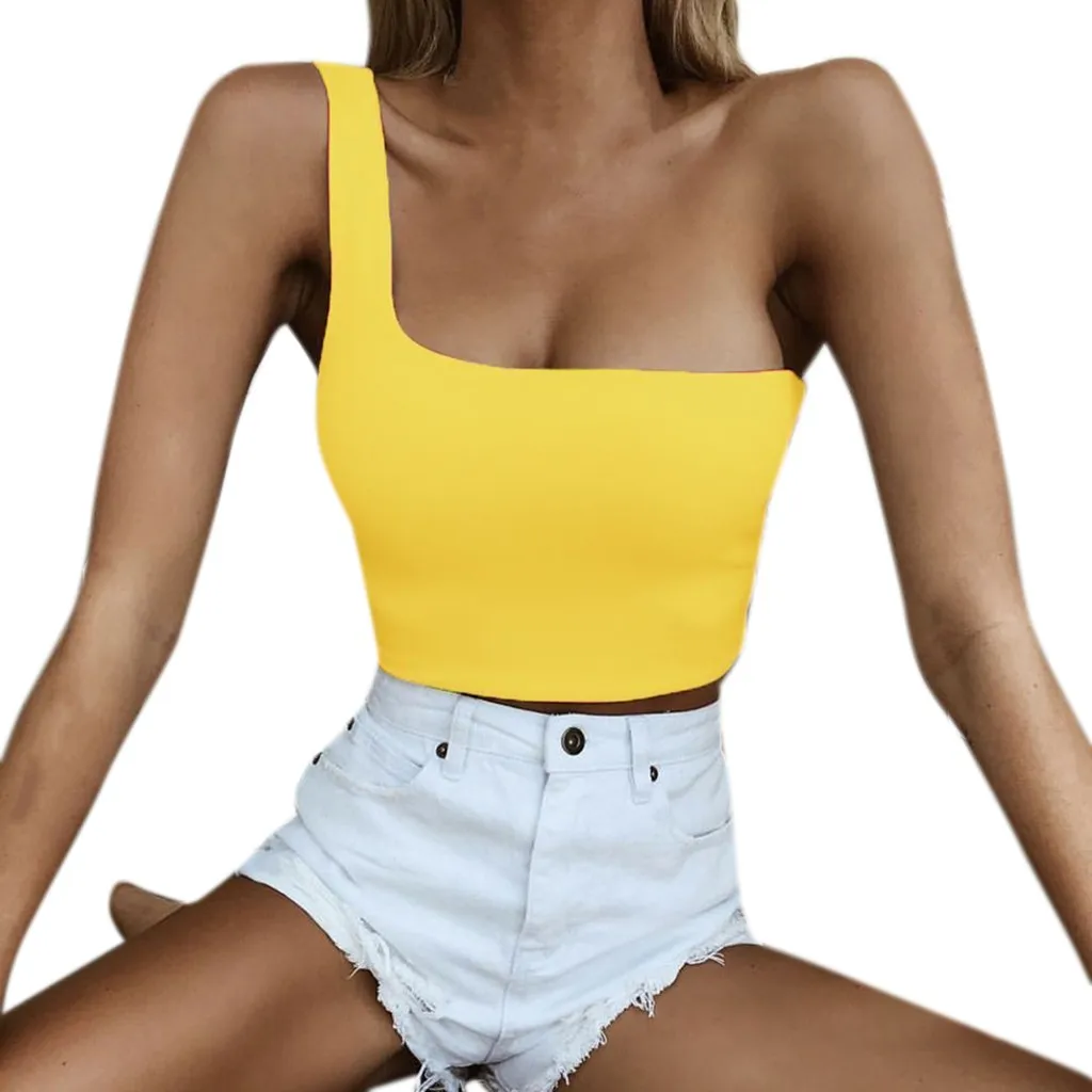 Женский сексуальный женский топ с одним плечом, укороченная футболка без рукавов, топы на бретелях, спортивный бюстгальтер, пляжный жилет, летняя модная одежда - Цвет: YE