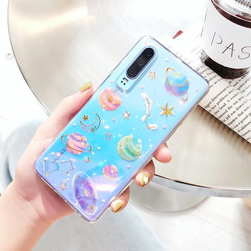 Manderm Phone Case For Huawei P30 Pro Soft TPU Cute Shiny Sparkling Starry Sky 3D Space Planet Transparent Back Cover |