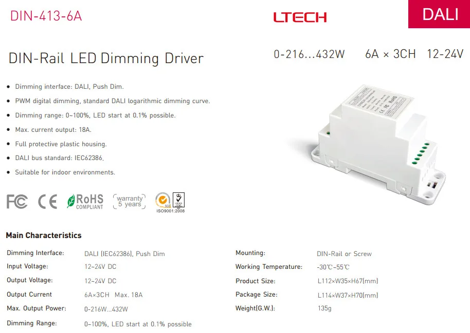 LTECH DIN-413-6A; DC12V-24V вход CV DALI Dimming Driver Puch Dim(din-рейка/винт двойного назначения); 6A* 3CH MAX 18A выход