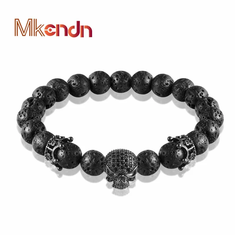 

Brand Fashion Natural Beads Strand Bracelet Micro Pave CZ Black Skeleton Skull Corwn Lava Rock Stone Energy Men Buddha Jewelry
