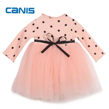 

Fashion 2019 Autumn New Girls Cotton Long sleeve Knitting Dress Polka Dots Lace Baby Girl Princess Dress