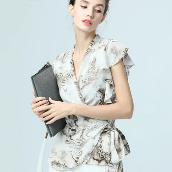 

Womens Blouse Elegant Art Landscape painting Printed Crossed V Neck Cuff Sleeve Women Summer Tops Sexy Slim Female Office Blouse