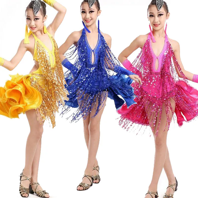 Colors Girls Latin Tassels Sequined dancing dress Kids Performance show Ballroom Salsa Skating Dancewear Costumes Outfis | Тематическая