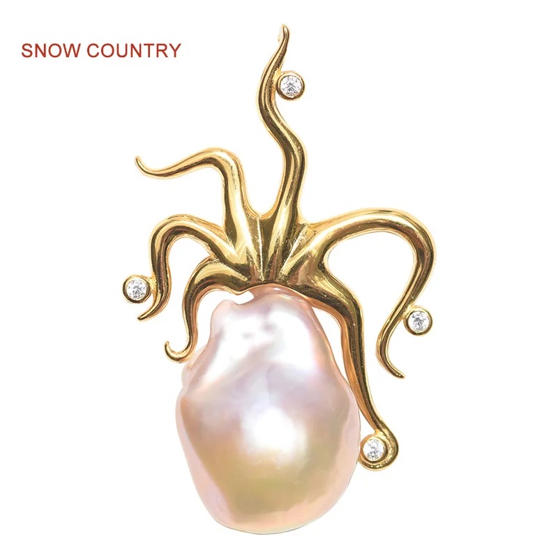 

SNOW COUNTRY Octopus Baroque Pendant Necklace For Beauty S925 Sterling Silver Genuine Freshwater Pearl Bridesmaid Gifts