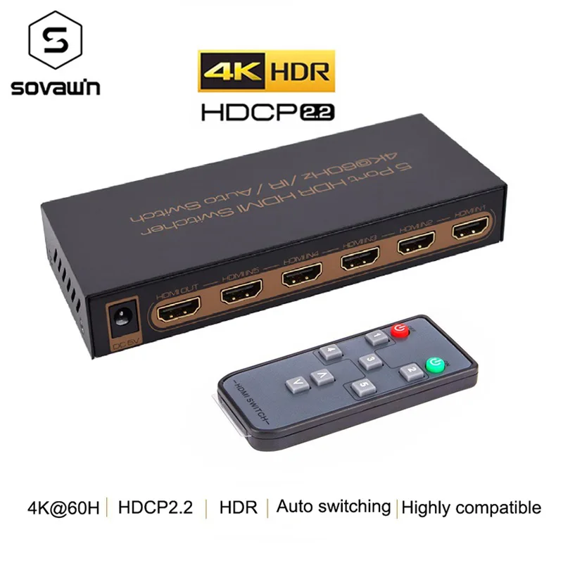 

5 Port HDR HDMI Adapter Switcher 4k 60hz 5 in 1 Out Full HD 1080P HDMI Splitter Cable Converter Switch with Remote for PS3 HDTV