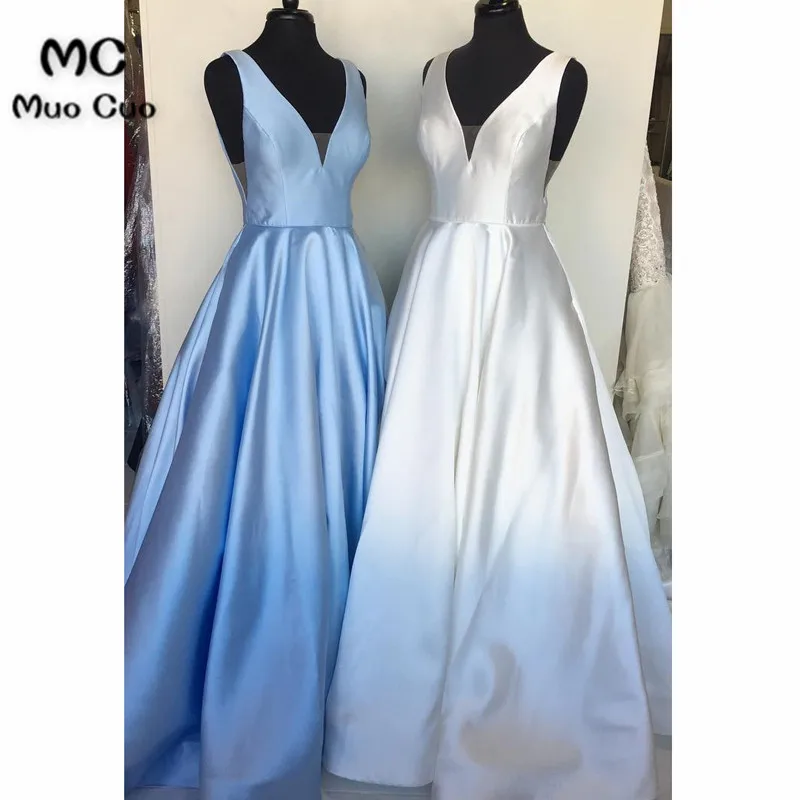 Princess V Neck Sky Blue Long Prom Dress566
