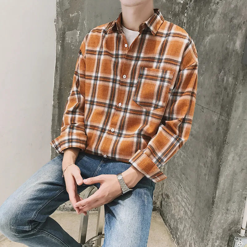 

Fashion Casual Men's Long-sleeved Shirt Spring And Autumn NewM-XL Plaid Loose Shirt Jacket Black Yellow PersonalityYouth Popular