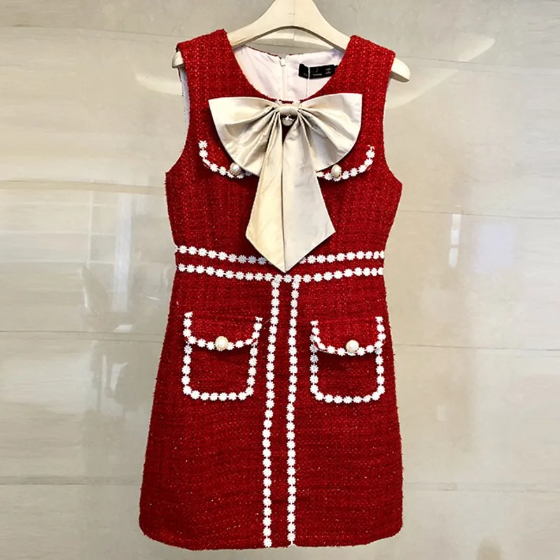 

2018 Runway Designer High Quality Autumn Winter women Vest Dress Tweed Patchwork sleeveless Casual Pearl Dresses Vestidos robe