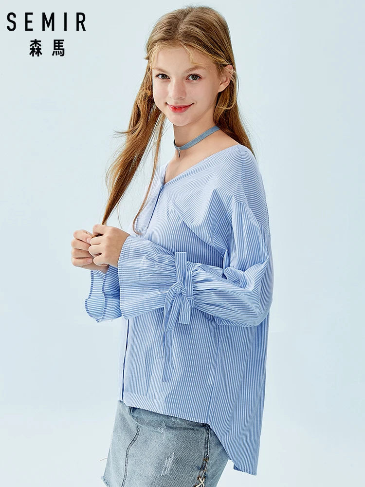 

SEMIR Women 100% Cotton Front and Back V-neck Striped Blouse with Long Draped Sleeves Button Closure Belt at Cuff Longer at Back