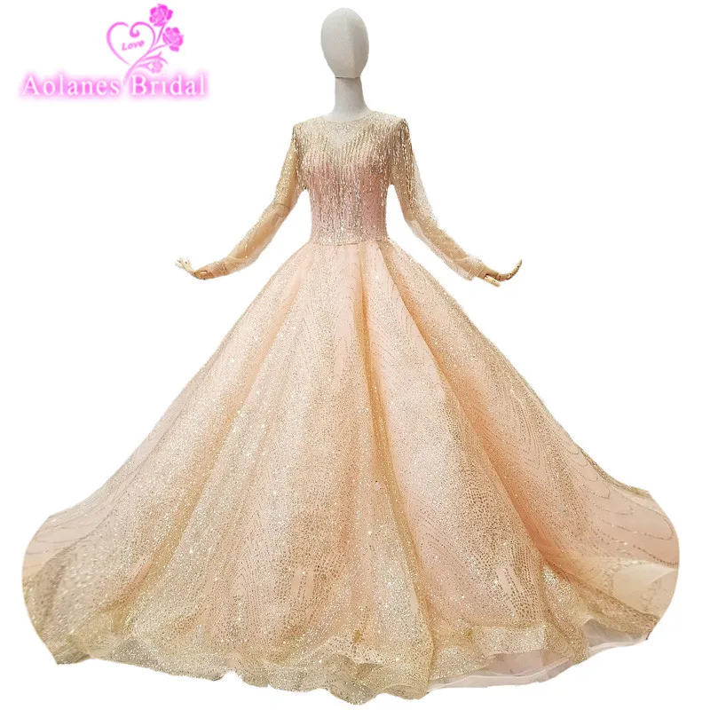

2018 Champagne Lace O-neck Court Train Long Sleeves Bridal Gowns Lace Up Ball Gown Illusion Wedding Dresses Vestido De Noiva