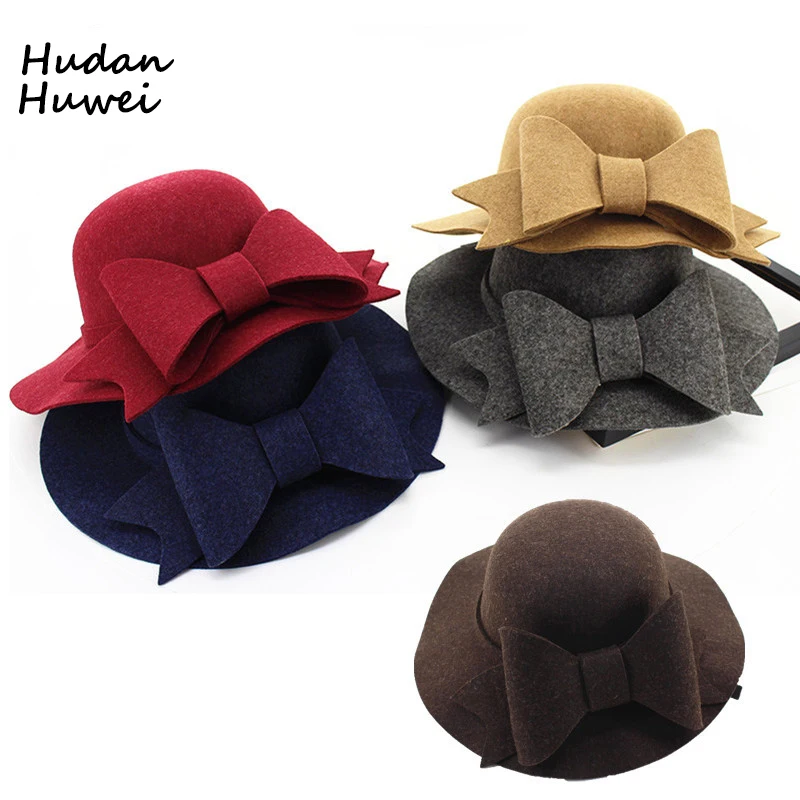 

Fashion Women Wool Felt Fedoras with large bowknot wide Brim bucket Hat Trilby dome cap for ladies girls Autumn Winter