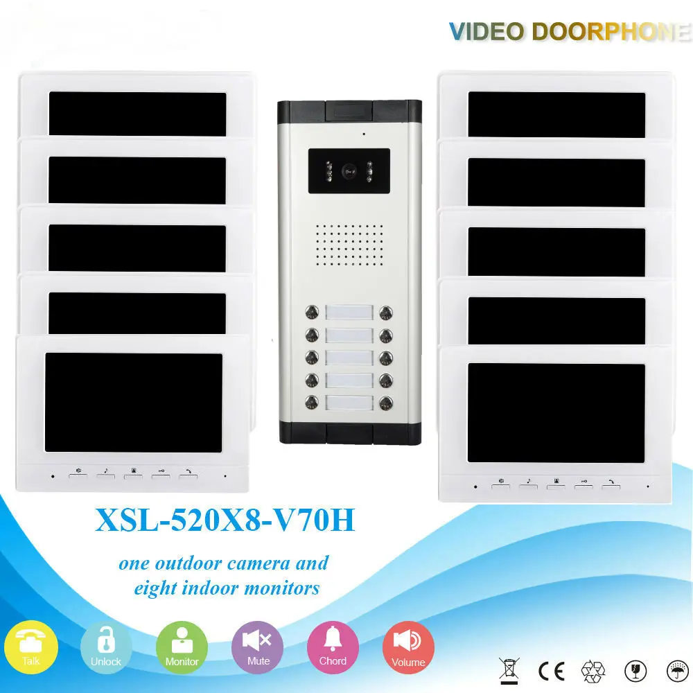 7 Inch Color LCD Wired Video Door Phone Intercom with Night Vision and Rainproof Design,Hands-free DoorBell 1 Camera 10 Monitor