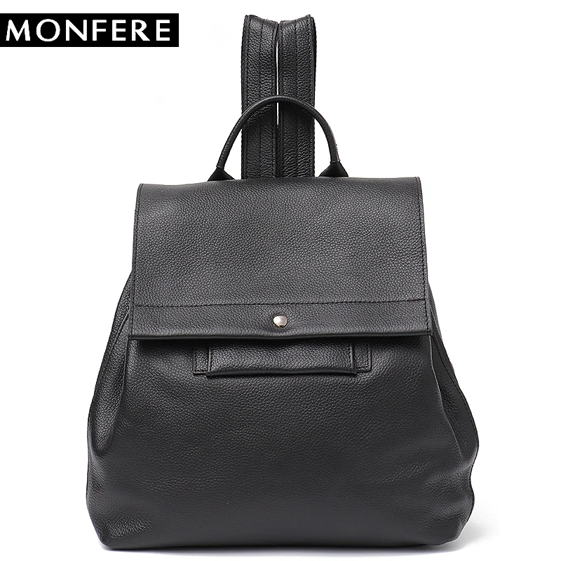 

MONFERE Genuine Leather Big Backpack School Bag for Girls Multi Pockets Large Functional Shoulder Packsack Cowhide Flap Hasp Bag