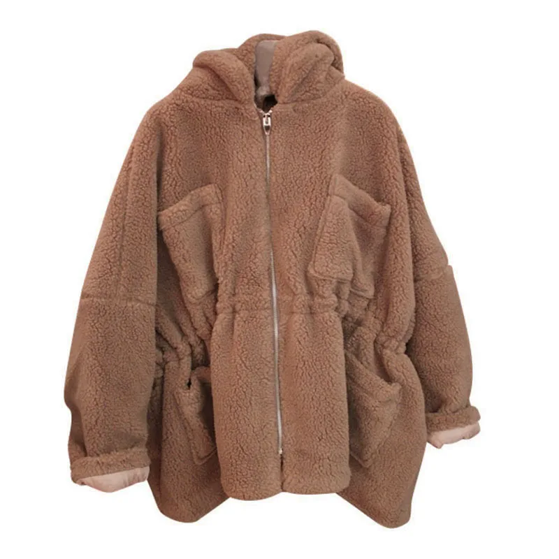 PERHAPS U Women Ted Coat Zipper Pocket Hooded White Brown C0114 | Женская одежда