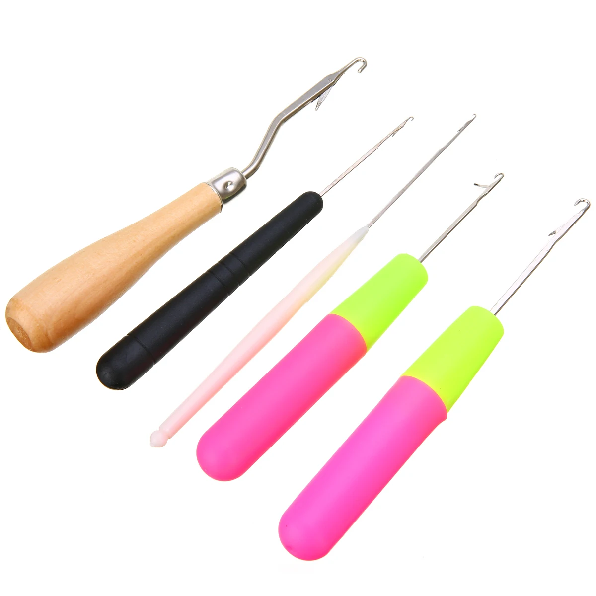 5pcs Crochet Needle Braiding Latch Hook Plastic & Wood Handle Tool Weaving Hair Sweater Wool Dreadlock DIY Handmade Crafts