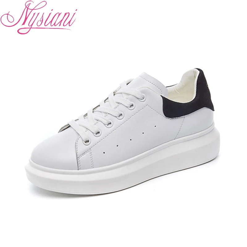 

2019 Spring Split Leather Flat Shoes For Women Round Toe Lace-up Casual Flat Platform Female White Sneakers Women Shoes Nysiani