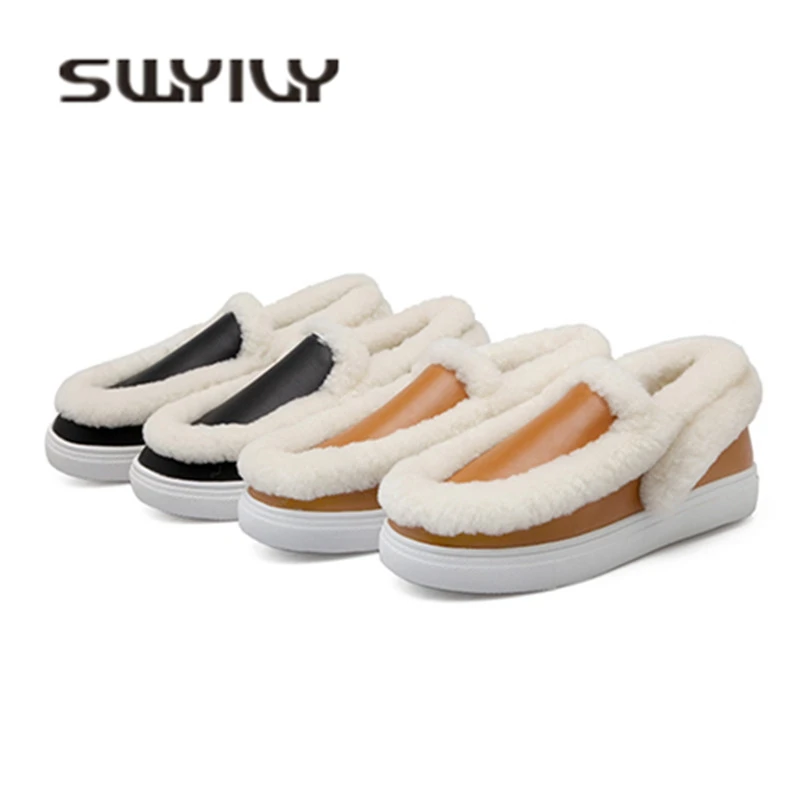 

SWYIVY Woman Flats Fur Snow Boots 2018 Genuine Leather Female Winter Warm Shoes Slip On Shearling Velvet Snowboots Boots