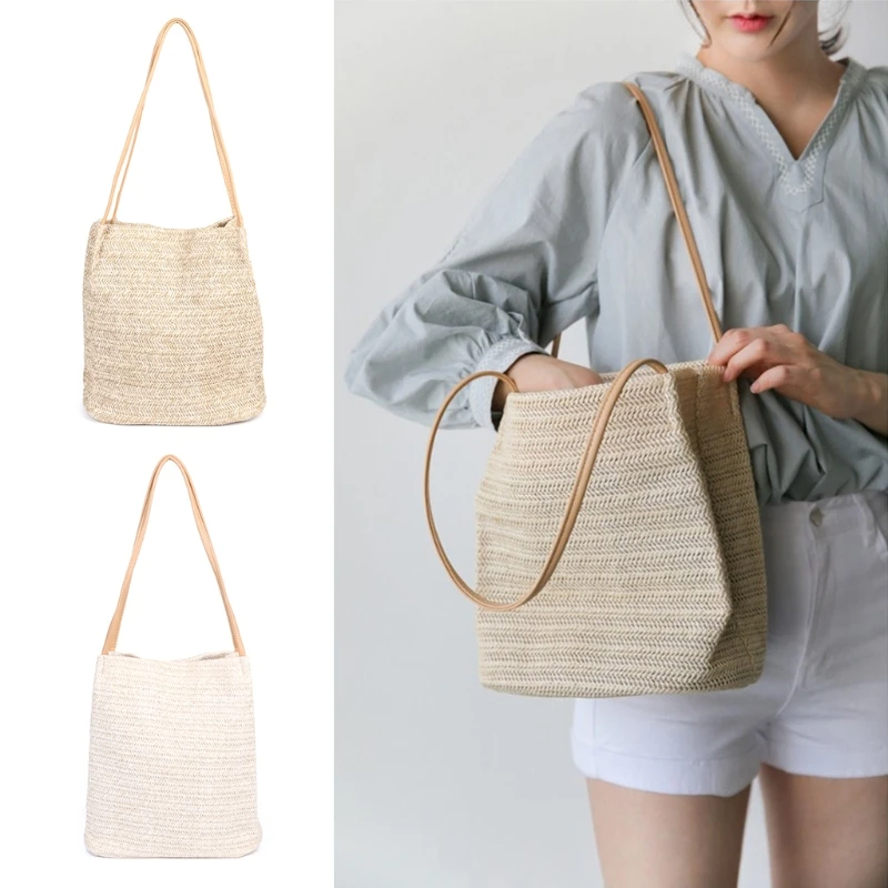Handmade Straw Woven Women Beach Tote Summer Shoulder Bag Shopping