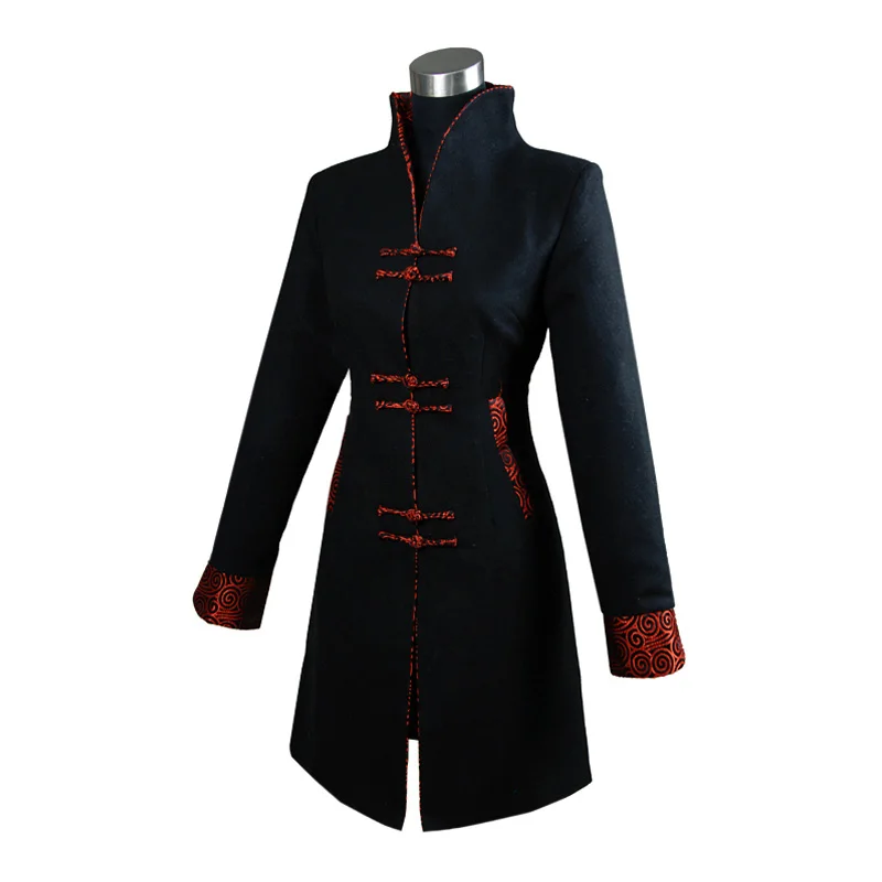 

Winter Thick Black Women Cashmere Woolen Coat Long Slim Parka Chinese Style Jacket Outwear S M L XL XXL XXXL WJ019