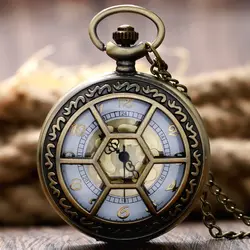Винтаж решетки шестиугольник Дизайн карманные часы Для мужчин Для женщин подарок половина охотник бронза Повседневные часы цепи кулон