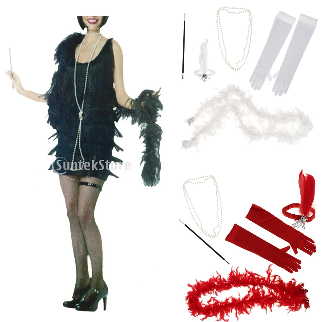 5pcs/Set 1920s Gatsby Feather Headband Necklace Gloves Cigarette Holder Boa Scarf Charleston Party Flapper Fancy Dress