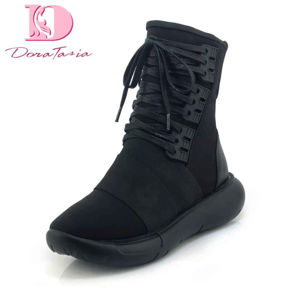

Doratasia 2018 Cow Leather Lace Up Black Hot Sale Add Fur Winter Boots Women Shoes Woman Flat Heel mid-calf Boots Woman