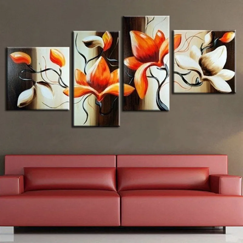 

Modern Home Decoration Handpainted Abstract Flower Oil Painting Handmade Floral Paintings Large 4 Piece Canvas Pictures Wall Art