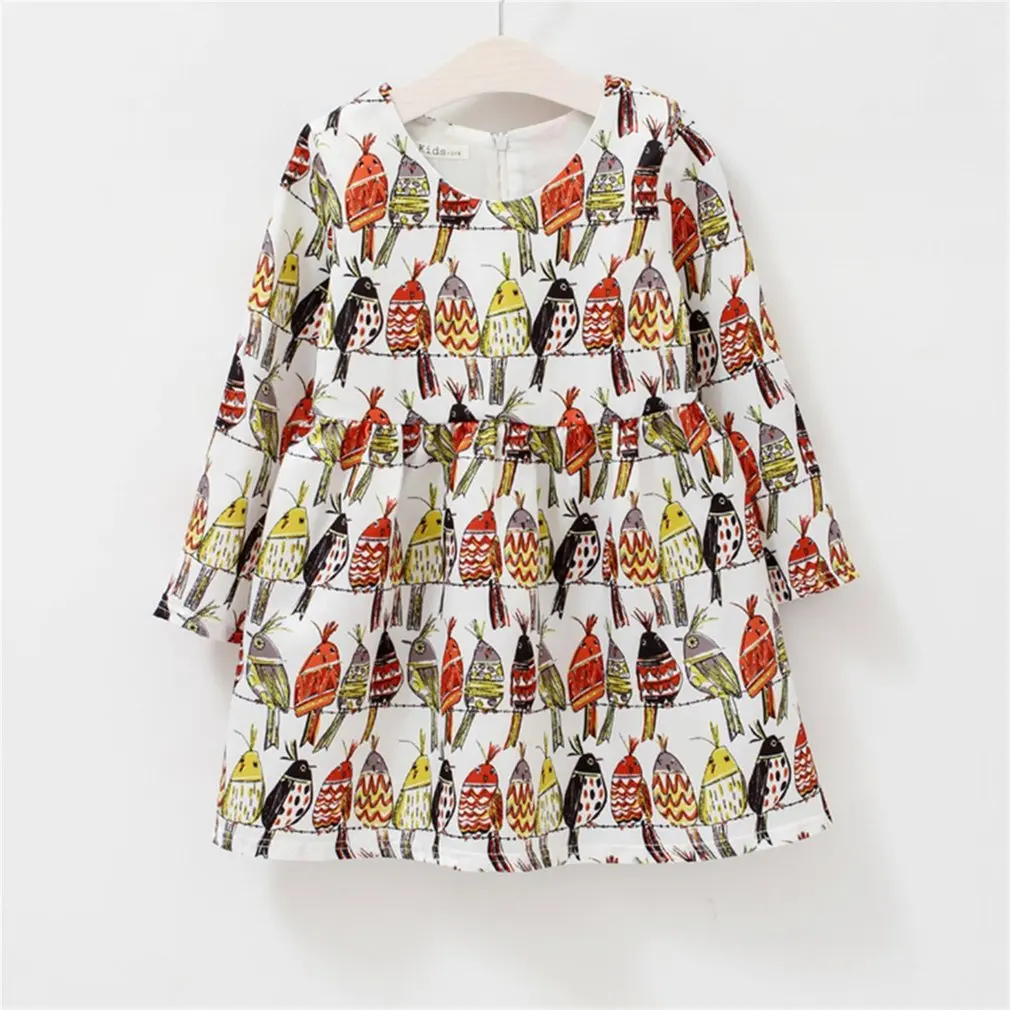 

Spring Autumn Baby Girls Fashion Birds Parrot Printing Round Collar Long Sleeves Princess Dress With Zipper On The Back