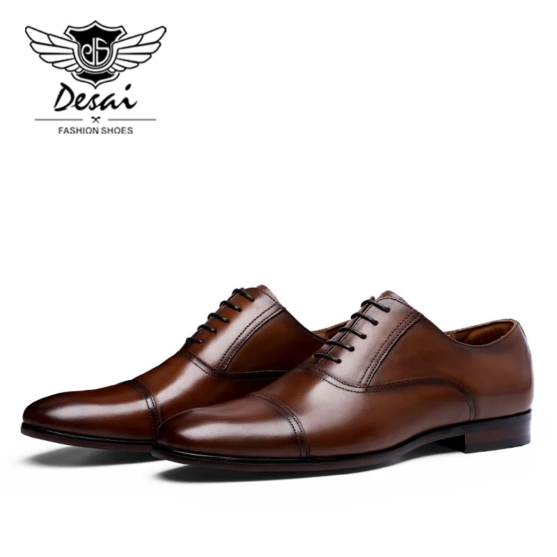 DESAI/брендовые деловые модельные туфли из кожи с натуральным лицевым покрытием; мужские туфли-оксфорды из натуральной лакированной кожи в стиле ретро; европейские размеры 38-47 - Цвет: Brown