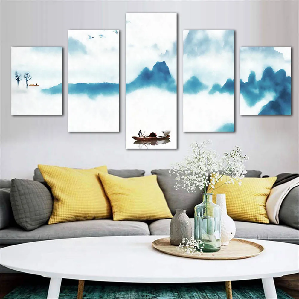 

Watercolor Painting 5 PCS/Set Chinese Artistic Landscape Paintings Abstract Blue Mountain Lake Scenery Wall Art Decor Pictures