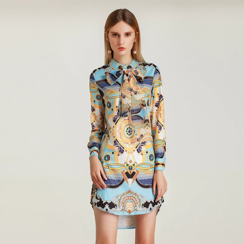 

Red RoosaRosee New Print Bow Collar Half Sleeve Elegant Loose Casual Dress 2019 Runway Designer Women Spring Summer Vestidos
