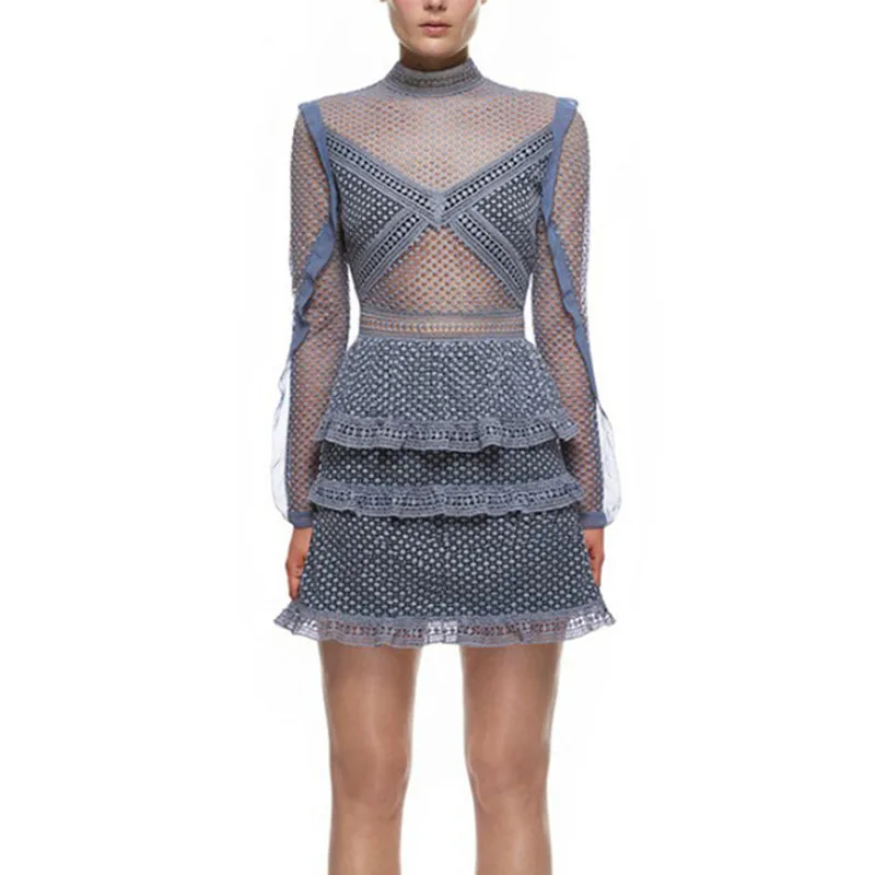 

Runway Self Portrait Women Patchwork Lace Dress Long Sleeves stand Hollow Out Sexy Dresses Female Vestido robe New Arrived