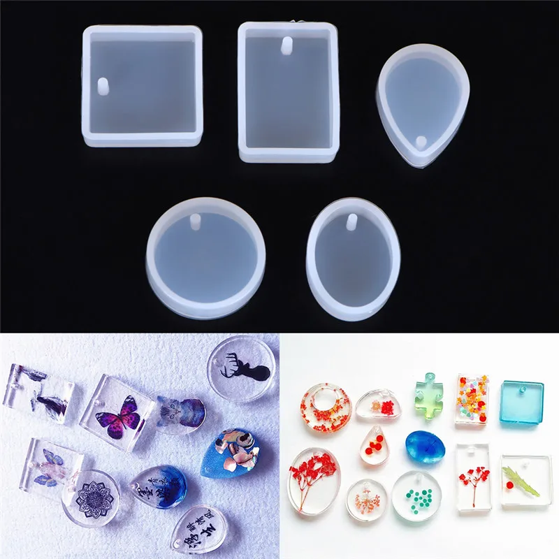 

HOT 5 Pcs Shapes Silicone Moulds Charm Pendant DIY Molds Jewelry Making Tools With Hanging Hole