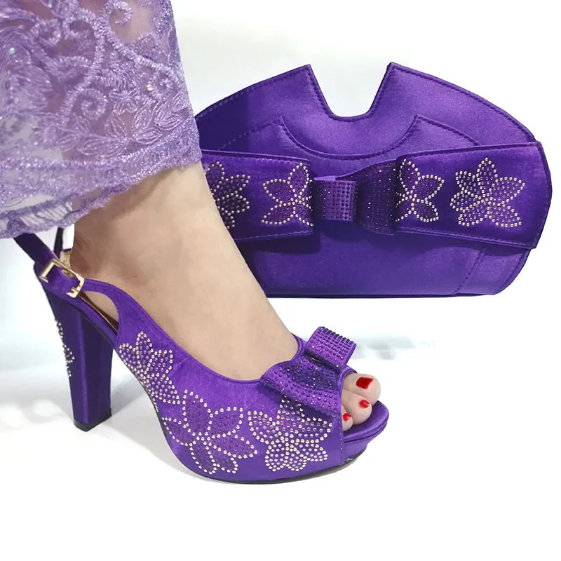 Wine color Latest Design Shoes Women Luxury 2019 Nigerian Women Wedding Shoes and Bag Set Decorated with Rhinestone Party Pumps