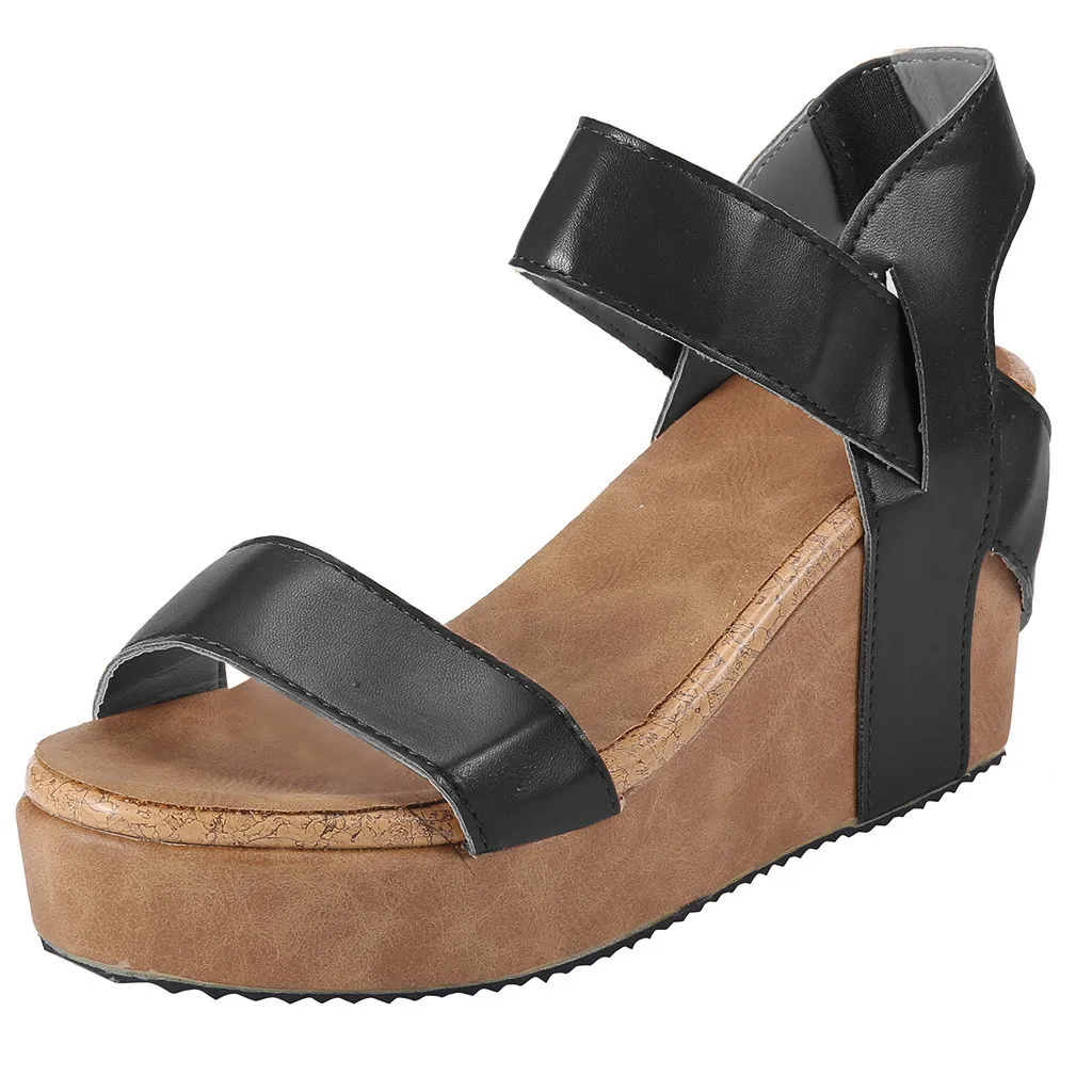 Женские босоножки с круглым носком; обувь на танкетке; дышащие пляжные сандалии в римском стиле; повседневные босоножки на танкетке с эластичной лентой; Sandalias Plataforma Mujer - Color: Black