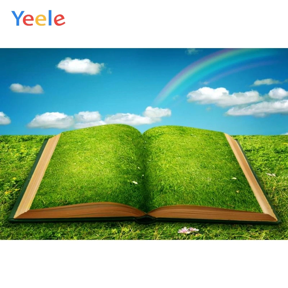 Yeele Grassland Открытая книга голубое небо Радуга Детская фотография фоны
