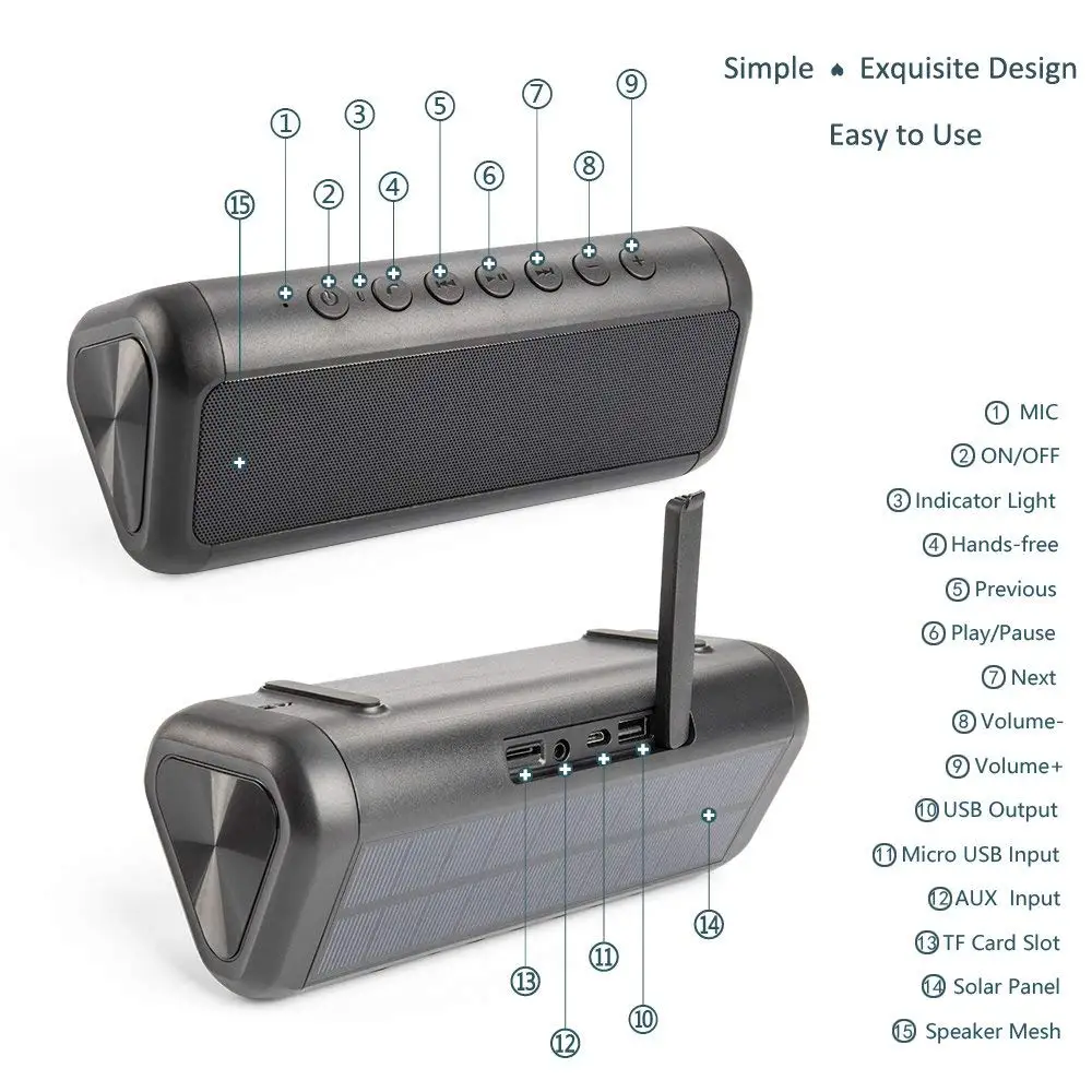 Солнечная энергия 12 Вт портативный Bluetooth динамик Бас Сабвуфер 30 часов aux PC boombox