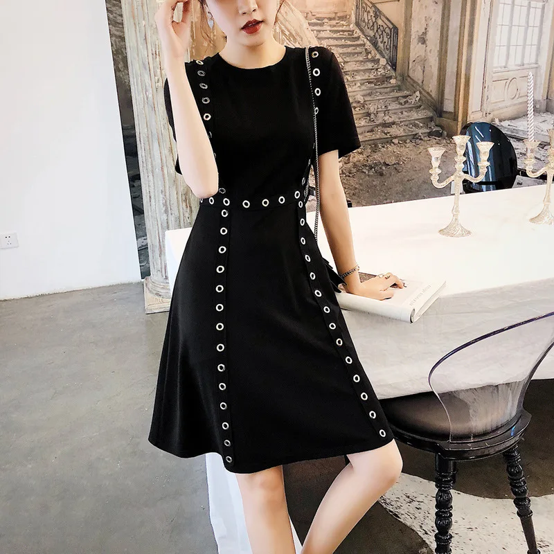 Женское черное облегающее платье в стиле панк с коротким рукавом и О-образным вырезом, с высокой талией и металлическим кольцом, готическое летнее повседневное платье, большие размеры, M-4XL