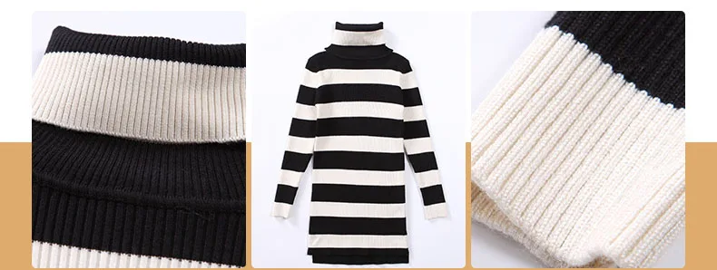 high neck knitted sweater dress girl kid autumn winter long sleeve white black striped knitting girl dresses turtleneck sweaters  5 6 7 8 9 10 11 12 13 14 15 years little teenage big girls stripe dress sweater dresses for winter (1)
