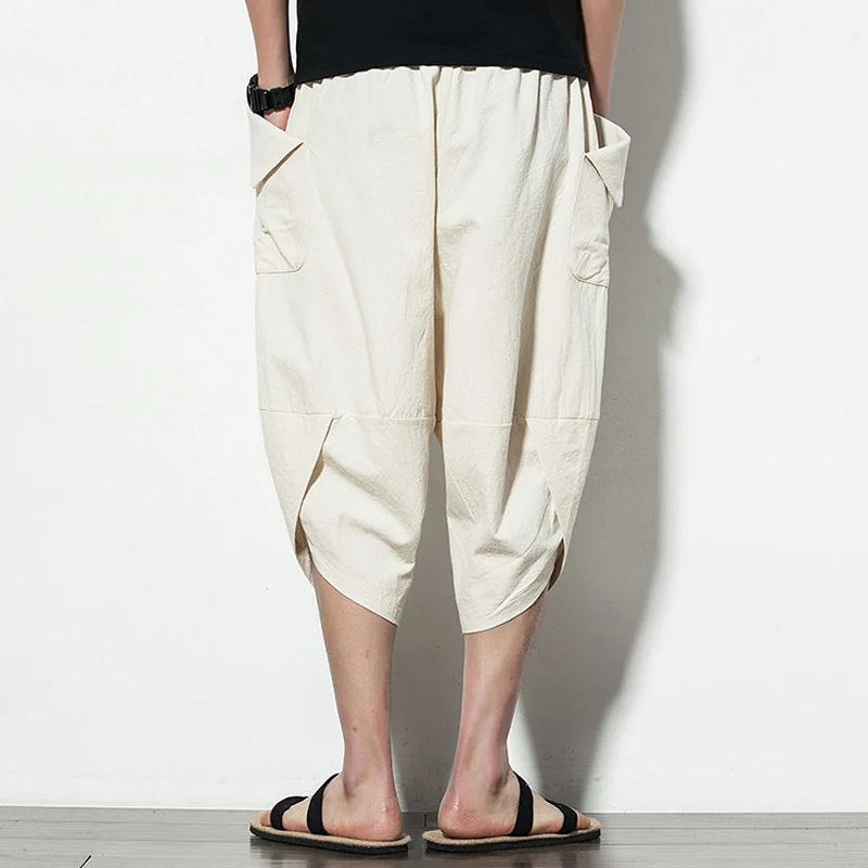Мужские хлопковые льняные брюки мужские летние повседневные летние мужские повседневные укороченные брюки однотонные мешковатые брюки с большим карманом
