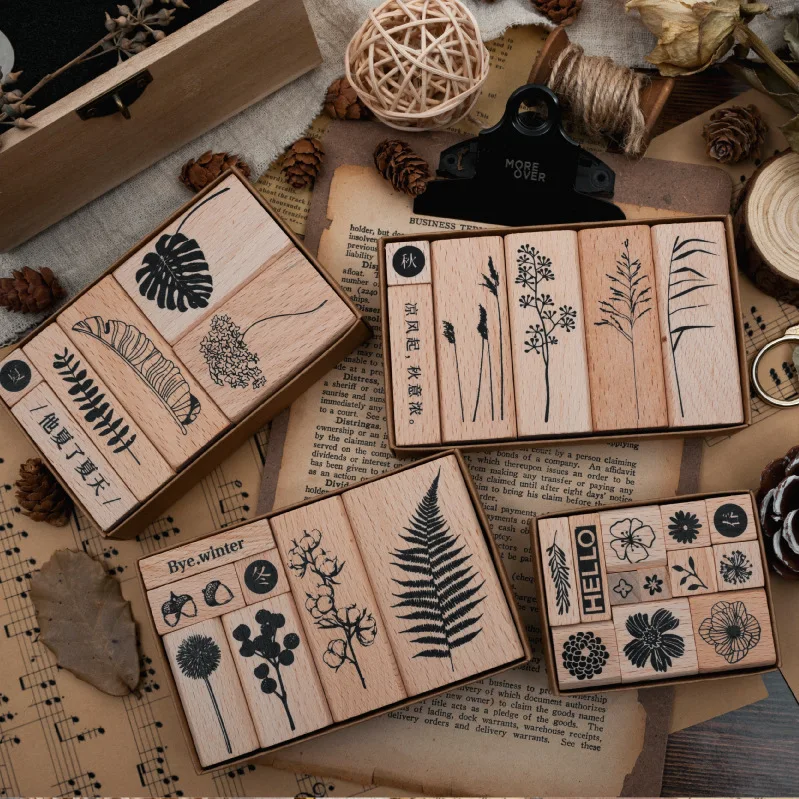 

1set Vintage four seasons plants Leaf decoration stamp wooden rubber stamps for scrapbooking stationery DIY craft standard stamp
