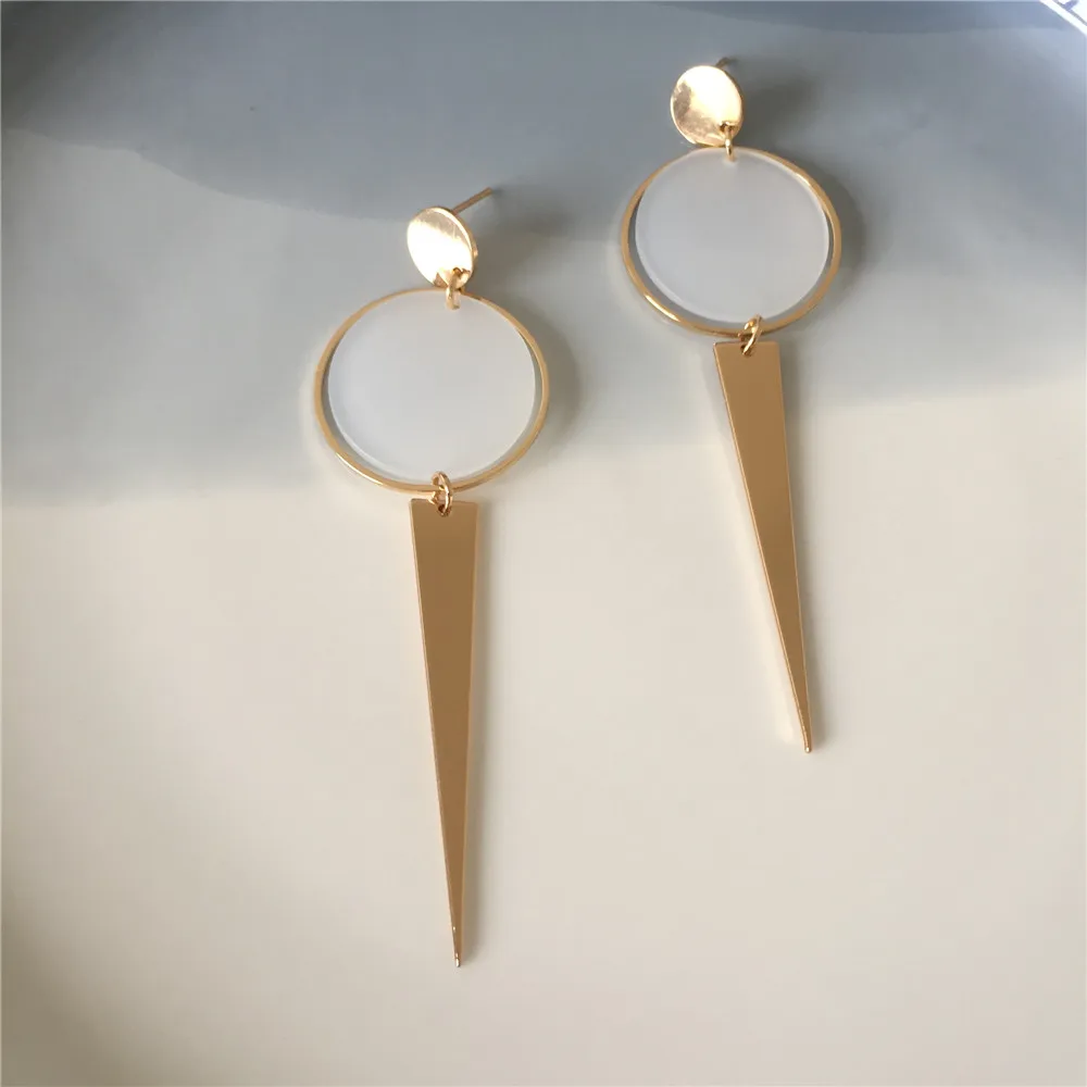 

Geometric gold color plating long triangle with round circle drop earring